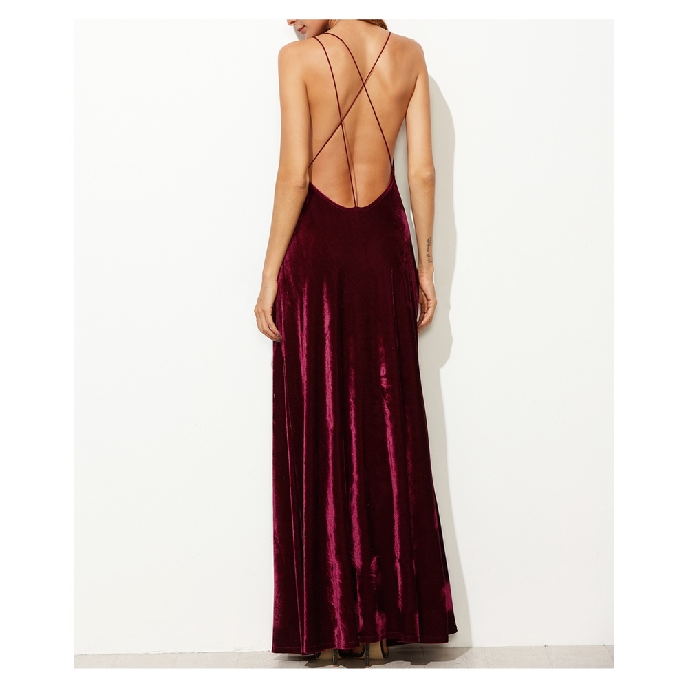 Burgundy Red Strappy Backless Velvet Wrap Dress - Picture 5 of 8